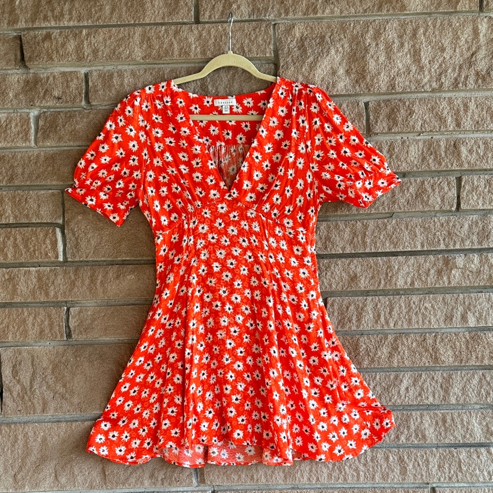 Topshop Red & White Floral Sundress | Puff Sleeves | V-Neck | Size 8